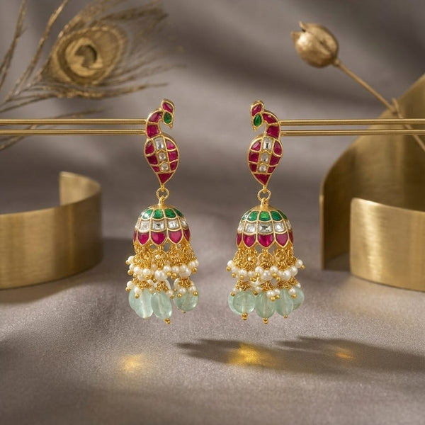 Traditional Gold-Plated Jadau kundan Peacock Jhumka Earrings - Antique Kemp & Emerald Green Stones