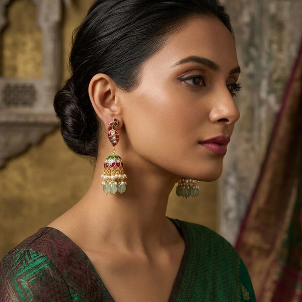 Traditional Gold-Plated Jadau kundan Peacock Jhumka Earrings - Antique Kemp & Emerald Green Stones