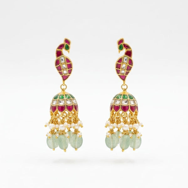Traditional Gold-Plated Jadau kundan Peacock Jhumka Earrings - Antique Kemp & Emerald Green Stones