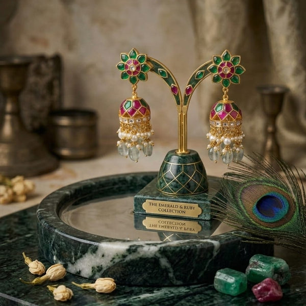 Traditional Floral Stud Jhumka Earrings with Pearl & Mint Green Drops