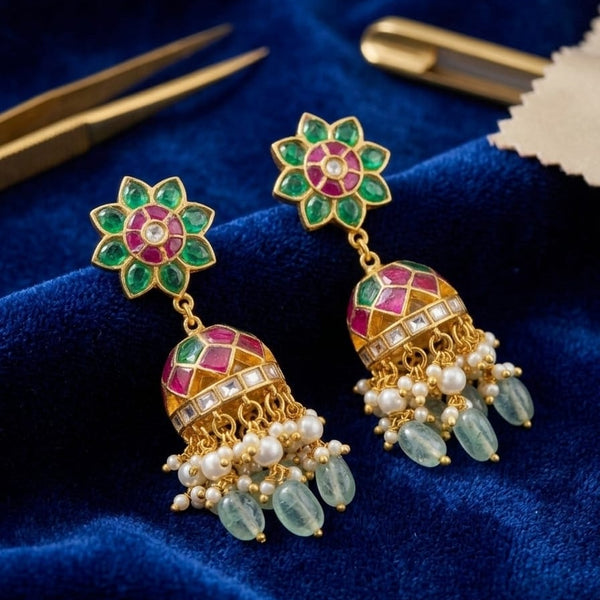 Traditional Floral Stud Jhumka Earrings with Pearl & Mint Green Drops