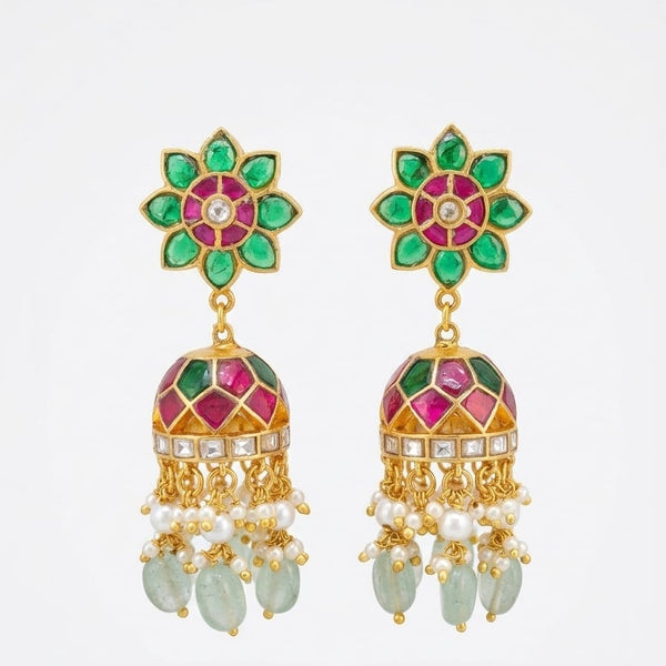 Traditional Floral Stud Jhumka Earrings with Pearl & Mint Green Drops
