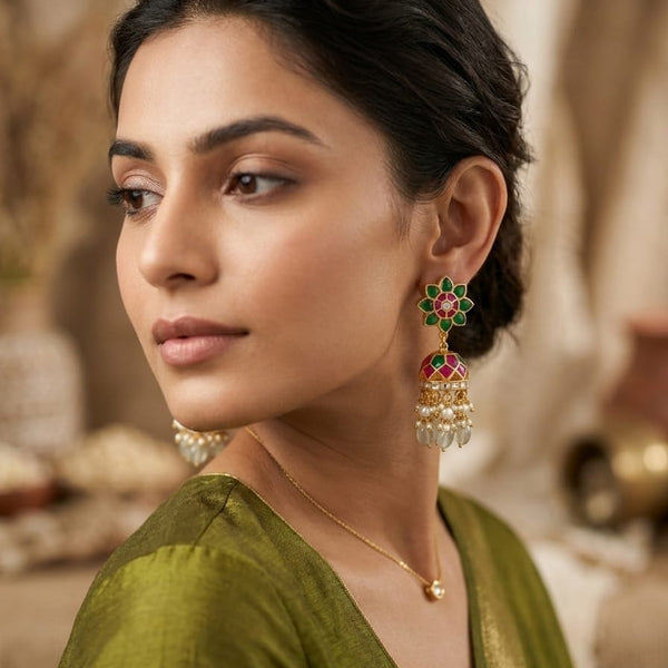 Traditional Floral Stud Jhumka Earrings with Pearl & Mint Green Drops