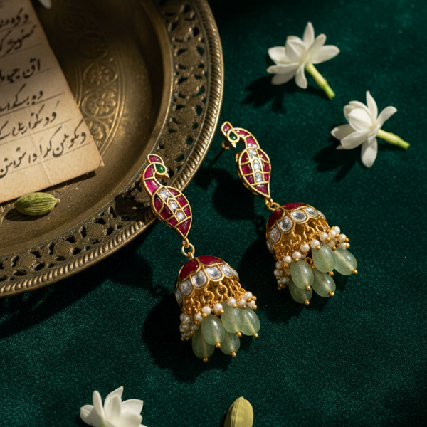Peacock Studded Jadau Kundan Jhumki Earrings With Swarovski Pearl And Beads Hangings