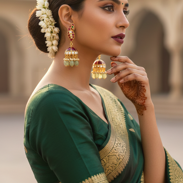 Peacock Studded Jadau Kundan Jhumki Earrings With Swarovski Pearl And Beads Hangings