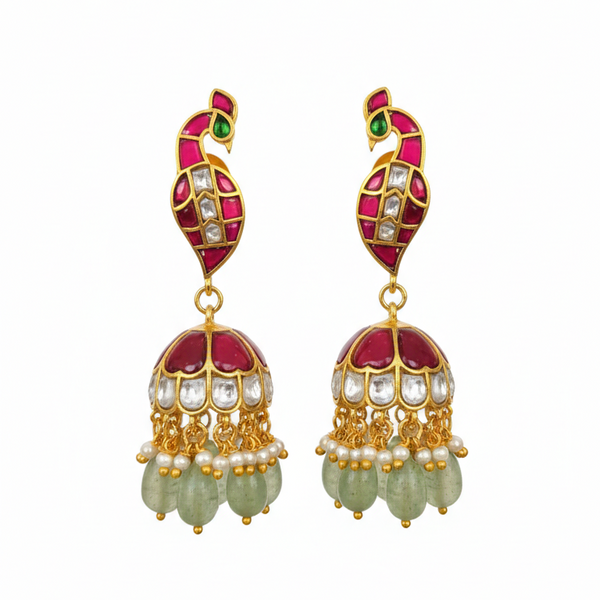 Peacock Studded Jadau Kundan Jhumki Earrings With Swarovski Pearl And Beads Hangings