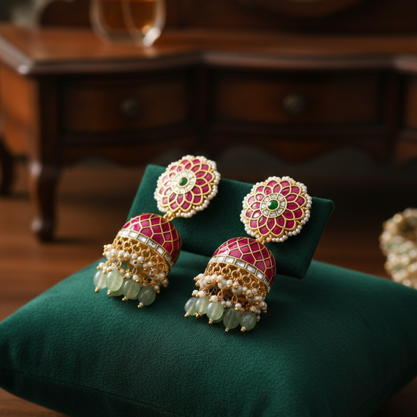 Floral Studded Jadau Kundan Bridal Jhumka Earrings