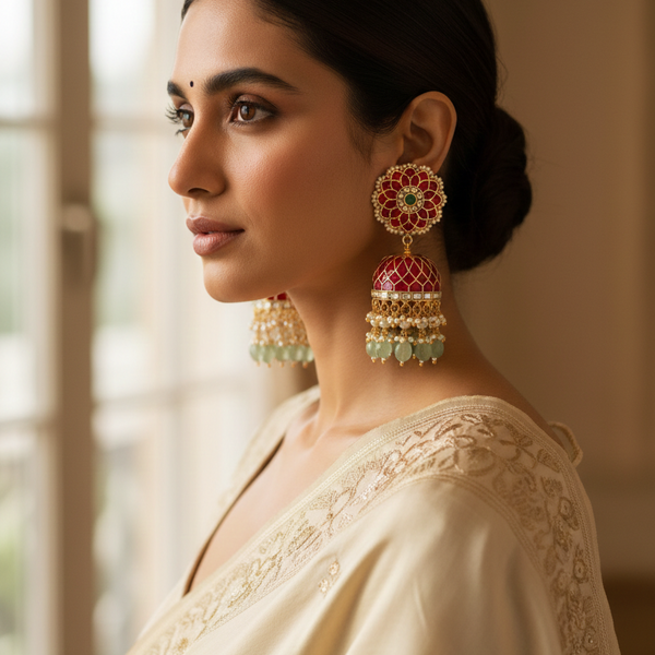 Floral Studded Jadau Kundan Bridal Jhumka Earrings