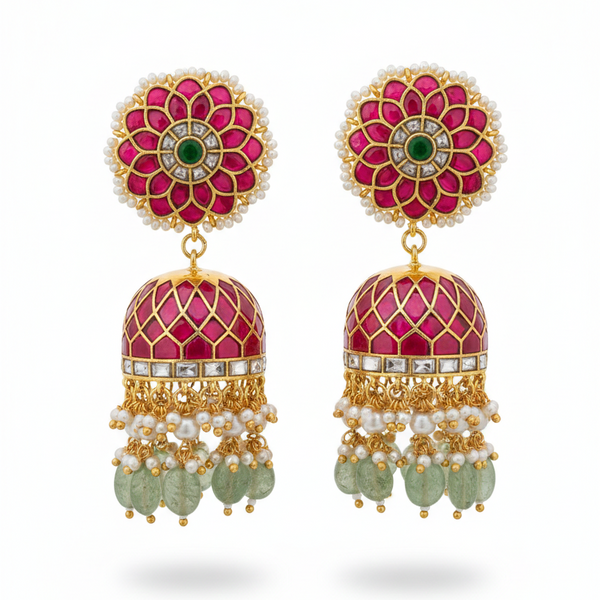 Floral Studded Jadau Kundan Bridal Jhumka Earrings