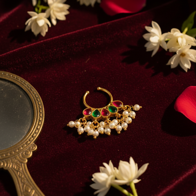 Elegant Guttapusalu Jadau Septum Nose Ring - No Piercing Required