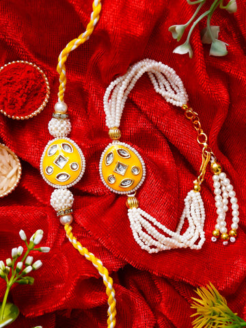 Traditional Pearl Rakhi & Bracelet Set with Kundan Work– Free Chawal & Kumkum
