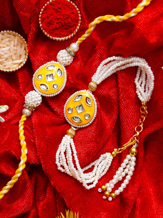 Traditional Pearl Rakhi & Bracelet Set with Kundan Work– Free Chawal & Kumkum