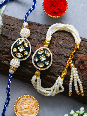 Traditional Pearl Rakhi & Bracelet Set with Kundan Work– Free Chawal & Kumkum