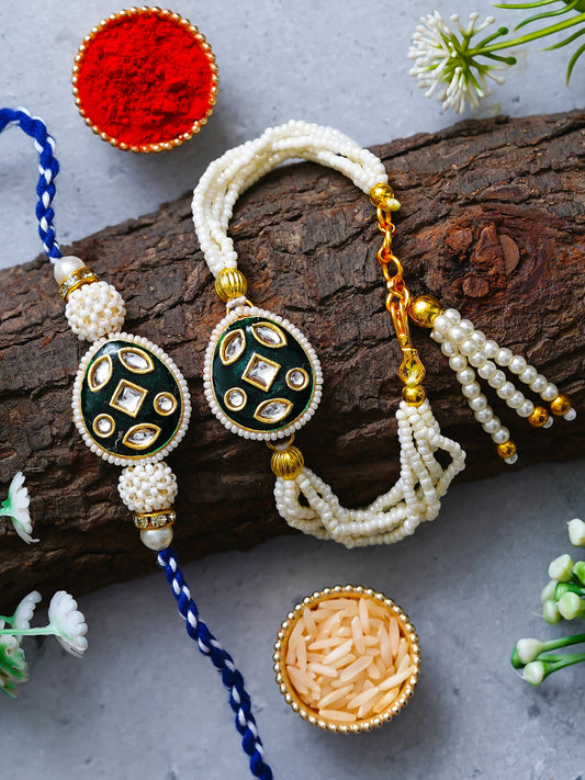 Traditional Pearl Rakhi & Bracelet Set with Kundan Work– Free Chawal & Kumkum