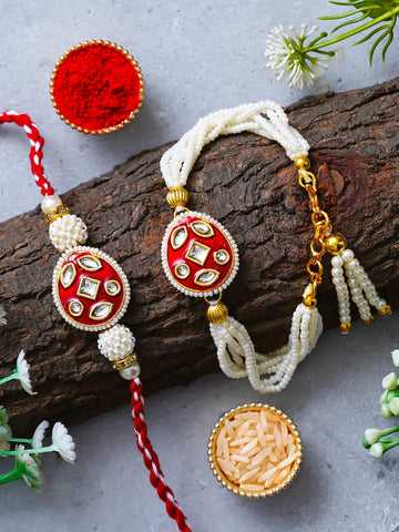 Traditional Pearl Rakhi & Bracelet Set with Kundan Work– Free Chawal & Kumkum