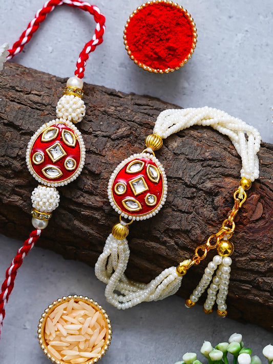 Traditional Pearl Rakhi & Bracelet Set with Kundan Work– Free Chawal & Kumkum