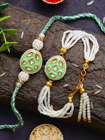 Traditional Pearl Rakhi & Bracelet Set with Kundan Work– Free Chawal & Kumkum