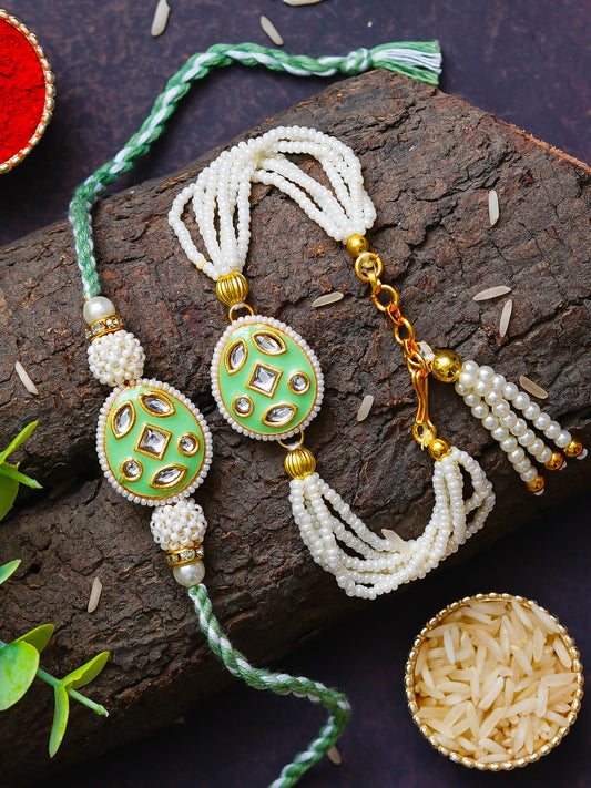 Traditional Pearl Rakhi & Bracelet Set with Kundan Work– Free Chawal & Kumkum