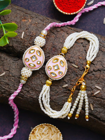 Traditional Pearl Rakhi & Bracelet Set with Kundan Work– Free Chawal & Kumkum