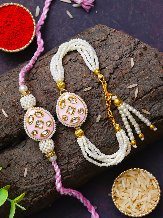 Traditional Pearl Rakhi & Bracelet Set with Kundan Work– Free Chawal & Kumkum