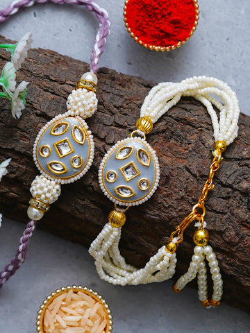 Traditional Pearl Rakhi & Bracelet Set with Kundan Work– Free Chawal & Kumkum