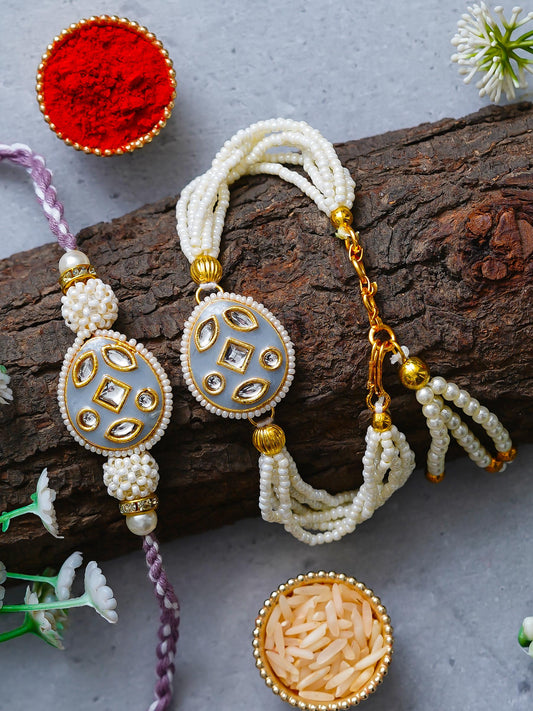 Traditional Pearl Rakhi & Bracelet Set with Kundan Work– Free Chawal & Kumkum