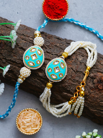 Traditional Pearl Rakhi & Bracelet Set with Kundan Work– Free Chawal & Kumkum