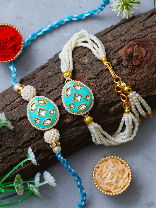 Traditional Pearl Rakhi & Bracelet Set with Kundan Work– Free Chawal & Kumkum
