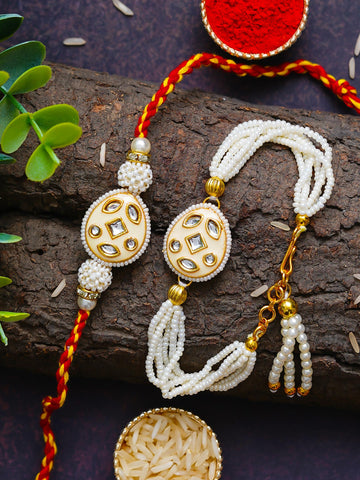 Traditional Pearl Rakhi & Bracelet Set with Kundan Work– Free Chawal & Kumkum