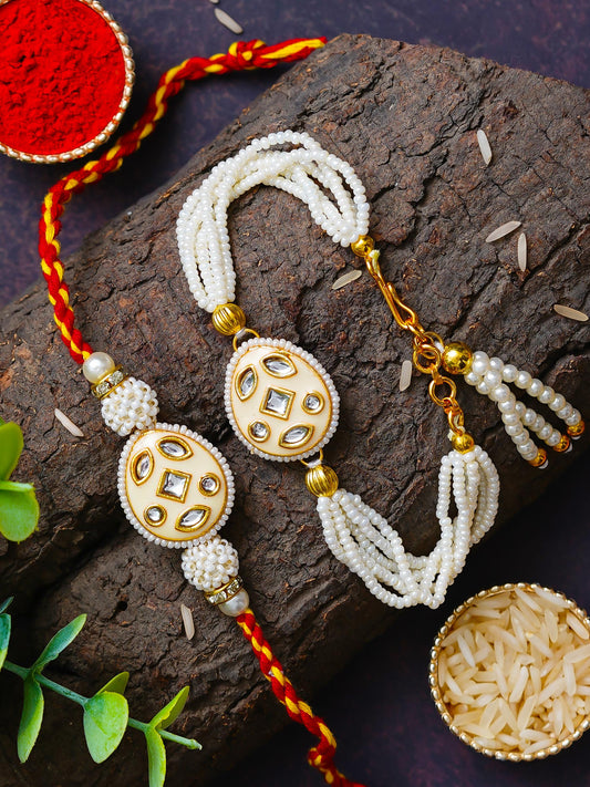 Traditional Pearl Rakhi & Bracelet Set with Kundan Work– Free Chawal & Kumkum