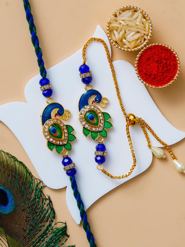 Peacock Design Rakhi & Bracelet Set – Free Chawal & Kumkum