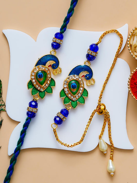 Peacock Design Rakhi & Bracelet Set – Free Chawal & Kumkum