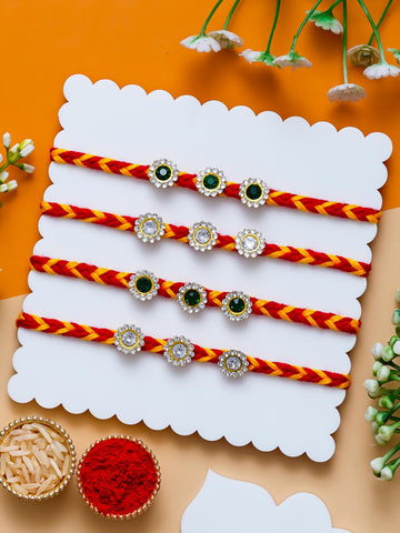 Designer Stone Rakhi Set Of 4  – Traditional Thread Rakhi – Free Chawal & Kumkum