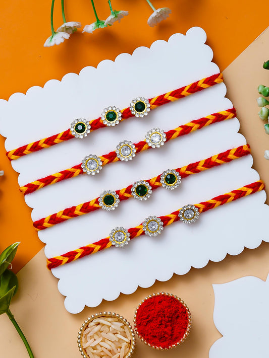 Designer Stone Rakhi Set Of 4  – Traditional Thread Rakhi – Free Chawal & Kumkum