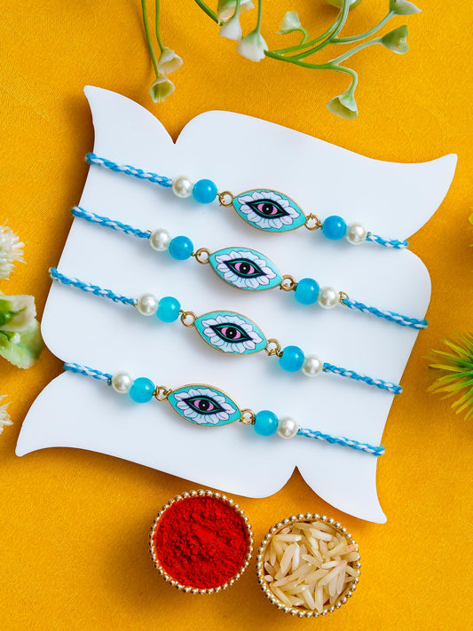 Evil Eye Rakhi Set of 4 – Protection Charm Rakhis – Free Chawal & Kumkum