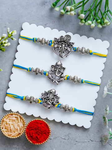 Lord Ganesha Rakhi Set of 3 – Antique Metal Finish – Free Chawal & Kumkum