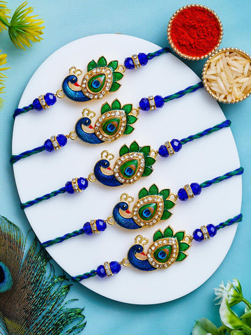 Peacock Design Rakhi Set of 5 – Decorative Stone Rakhis – Free Chawal & Kumkum