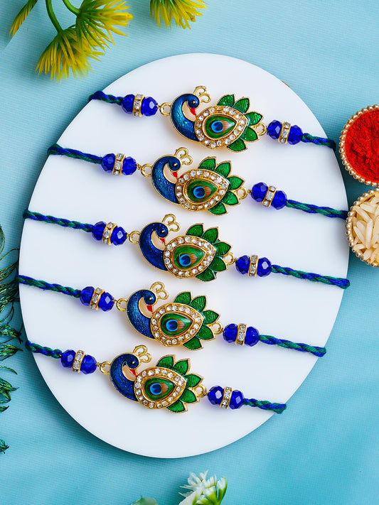 Peacock Design Rakhi Set of 5 – Decorative Stone Rakhis – Free Chawal & Kumkum