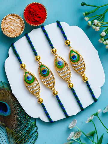 Peacock Design Rakhi Set of 4 – Decorative Stone Rakhis – Free Chawal & Kumkum (Copy)