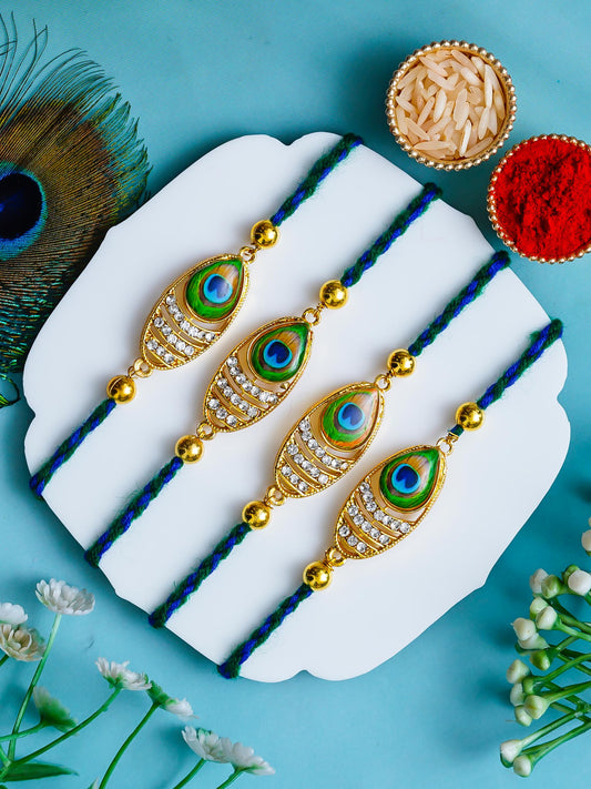 Peacock Design Rakhi Set of 4 – Decorative Stone Rakhis – Free Chawal & Kumkum (Copy)