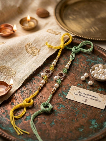Pearl & Crystal Cat Charm Couple Rakhi Set