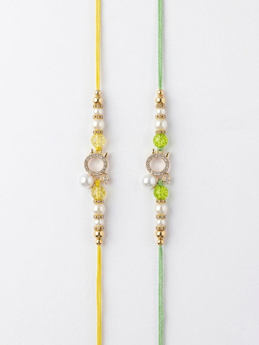 Pearl & Crystal Cat Charm Couple Rakhi Set