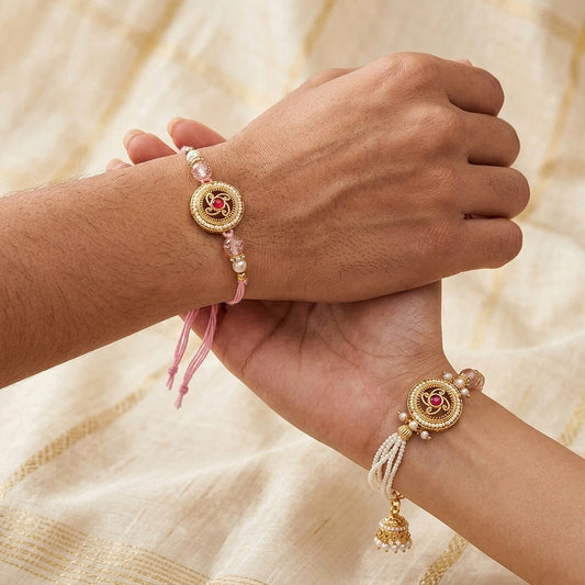 Pink Pearl Bhaiya Bhabhi Rakhi Set with Traditional Jhumki