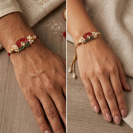 Lotus Pearl Bhaiya Bhabhi Rakhi Set