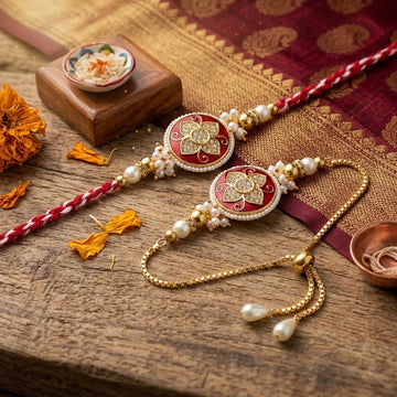 Crimson Floral Bhaiya-Bhabhi Rakhi Set