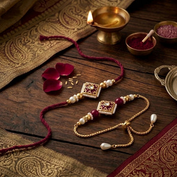 Maroon Pearl Bhaiya Bhabhi Rakhi Set