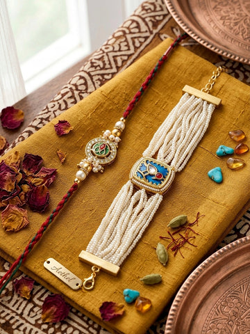 Royal Blue Pearl Bracelet Rakhi Set