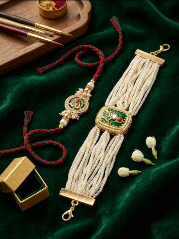 Emerald Green Pearl Bracelet Rakhi Set