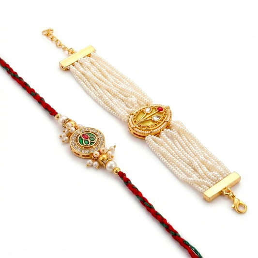 Gold Tone Pearl Rakhi Set