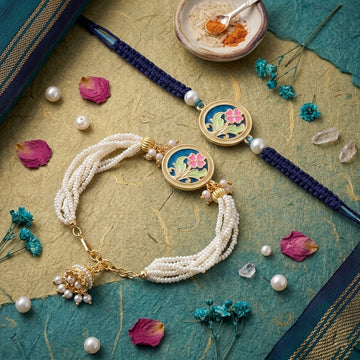 Blue Floral Pearl Rakhi Set